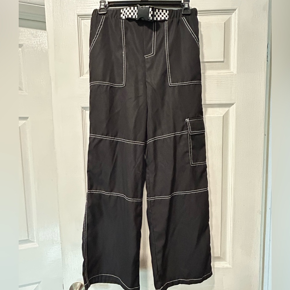 Black Shein Kids cargo pants with white stitching